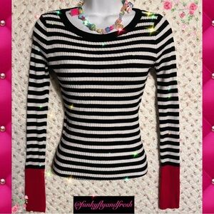 Size small black and white striped red cuffed long sleeve  ribbed sweater.
